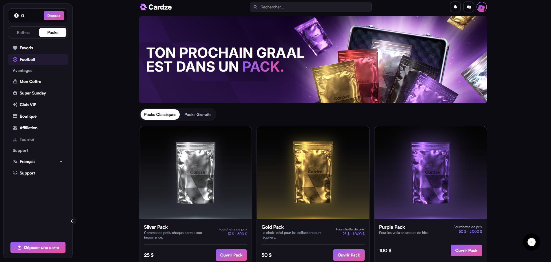 Die Cardze Packs: Silver, Gold und Purple mit ihren Preisspannen