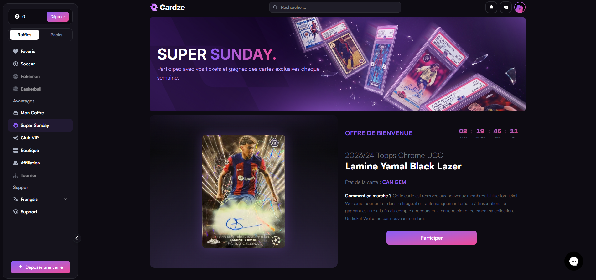 Super-Sunday-Seite von Cardze mit der exklusiven Karte und dem Countdown