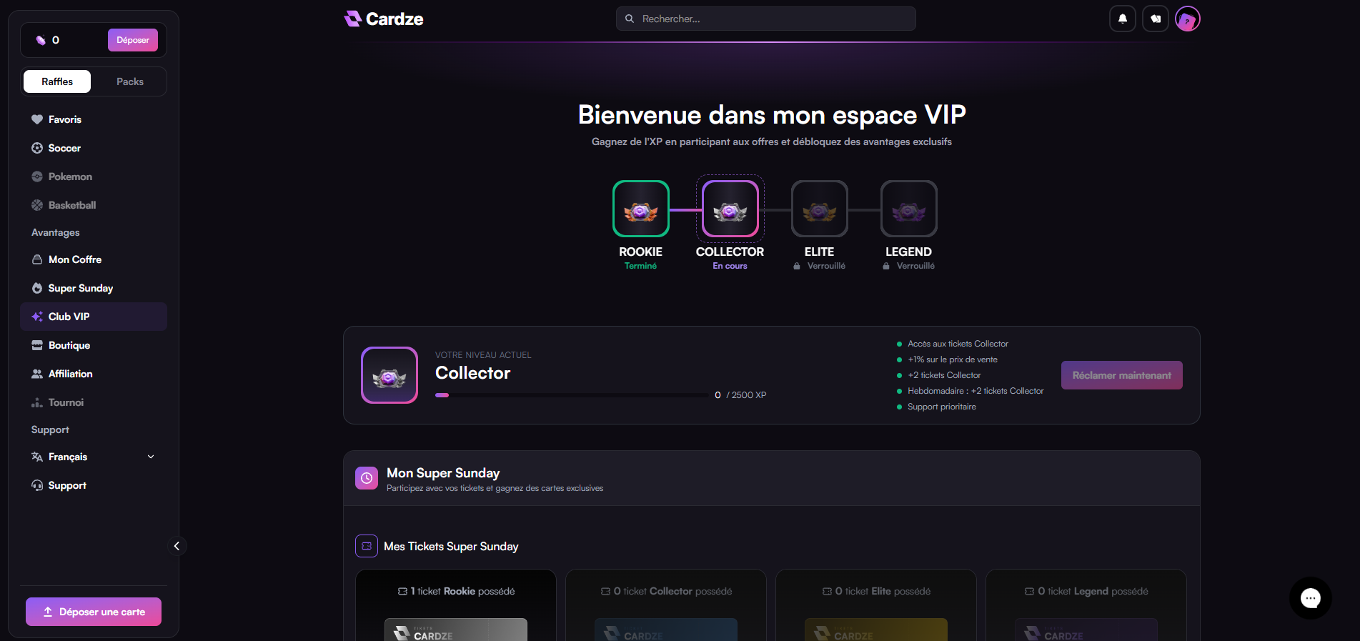 Cardze VIP-Bereich: Ränge Rookie, Collector, Elite, Legend und Super-Sunday-Tickets